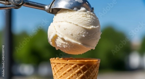 Fototapeta Scoop of Vanilla Ice Cream Being Placed on Cone.