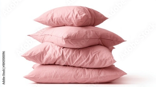 Obraz Soft pink pillow stack on white background. Artificial intelligence image