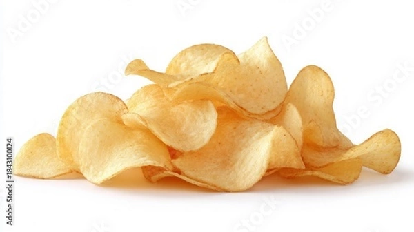 Obraz Golden potato chips on white background. Artificial intelligence image