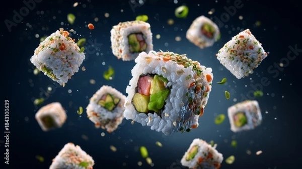 Obraz Floating sushi rolls with black background. Artificial intelligence image