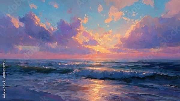 Obraz Vibrant ocean sunset with dramatic clouds. Artificial intelligence image