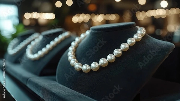 Obraz Pearl necklaces on velvet display stands