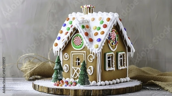Obraz Decorated gingerbread house with colorful candies and festive details on a wooden base