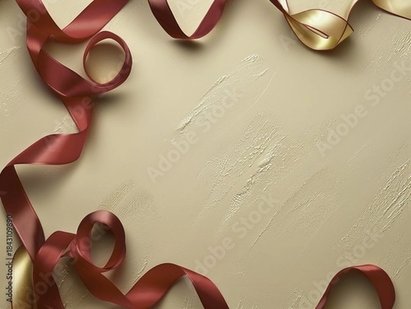 Obraz Red and gold ribbons arranged on a textured beige background