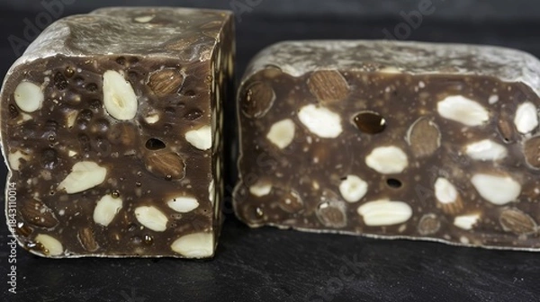 Obraz Two slices of dark chocolate confection with embedded nuts and seeds, showcasing a dense, textured interior.
