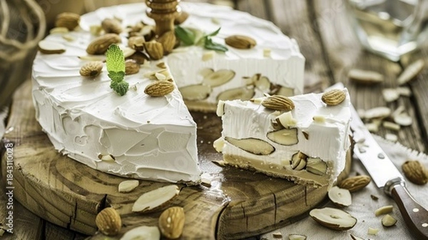 Obraz A slice of almond cake with white frosting and sliced almonds on a wooden board