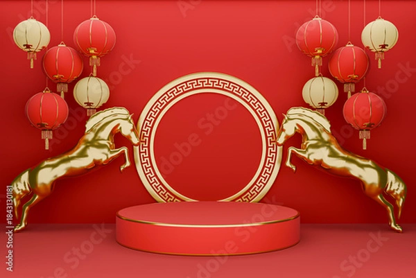 Obraz Chinese new year red podium display background 3D render