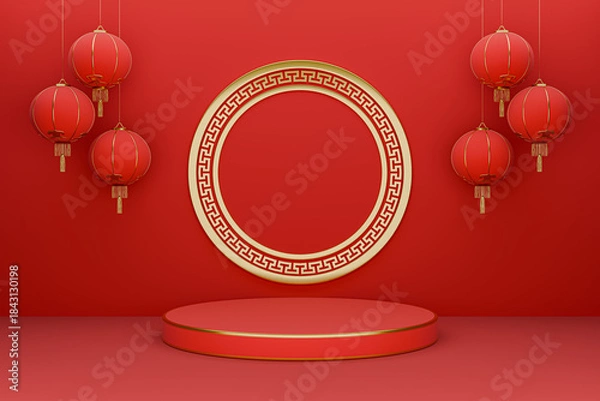 Obraz Chinese new year red podium display background 3D render
