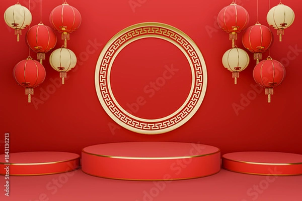 Obraz Chinese new year red podium display background 3D render