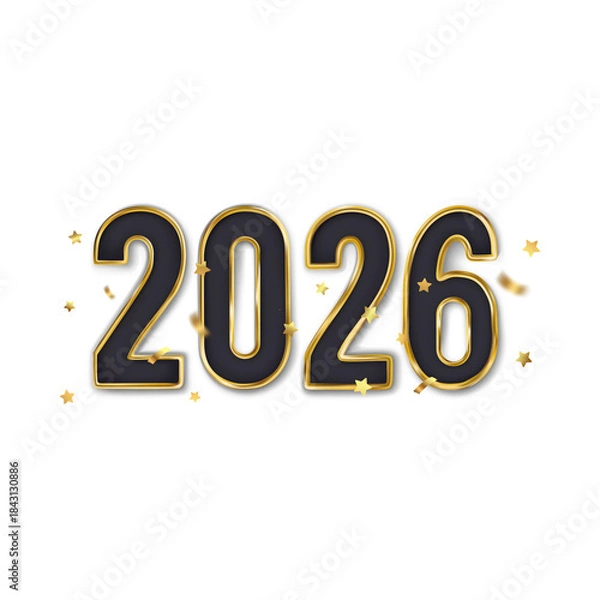 Fototapeta 2026 celebration with black and gold confetti, festive New Year design on transparent background