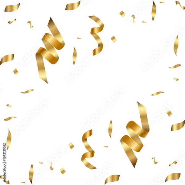 Fototapeta Falling gold swirl confetti, seamless pattern with streamers on transparent background