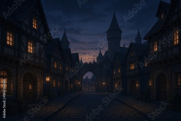 Fototapeta 中世ヨーロッパ風の夜の町