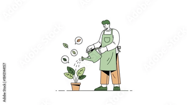 Fototapeta An illustration of a man watering a plant in a pot with a watering can for lifestyle