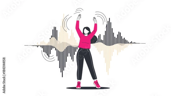 Fototapeta Illustration of a woman dancing with music elements in the background, a musical concept