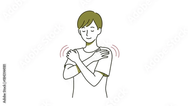 Fototapeta Illustration of a person embracing themselves with eyes closed representing self care and comfort