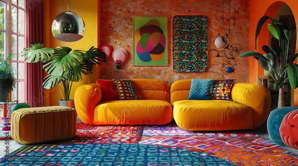 Obraz Lively living room featuring colorful textile wallpaper, ideal for interior design searches and bold, creative home décor inspiration.
