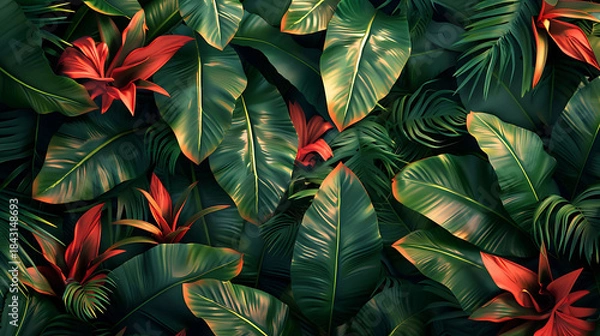 Obraz Bold tropical textile wallpaper featuring vibrant large-scale patterns, ideal for lively interior design searches and exotic décor inspiration.
