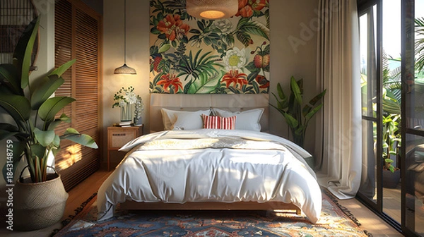 Obraz Stylish bedroom highlighted by a statement textile wallpaper, ideal for interior design searches and bold bedroom décor inspiration.
