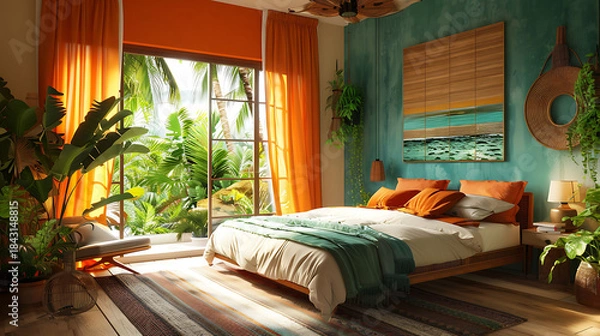 Obraz Vibrant bedroom featuring layered textures and bright drapery, ideal for interior design searches and creative bedroom décor inspiration.
