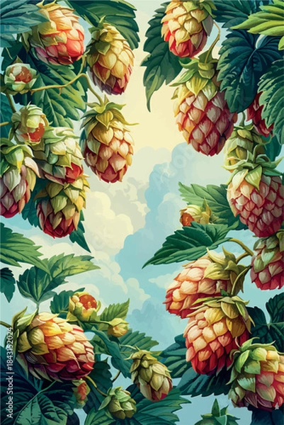 Fototapeta Rustic illustrations of hop cones, rye fields, beer brewing, and bottles. Perfect for beer festival posters, bakery labels, and vintage packaging design.
