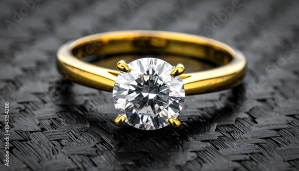 Obraz Elegant gold engagement ring featuring a large solitaire diamond, dark background.