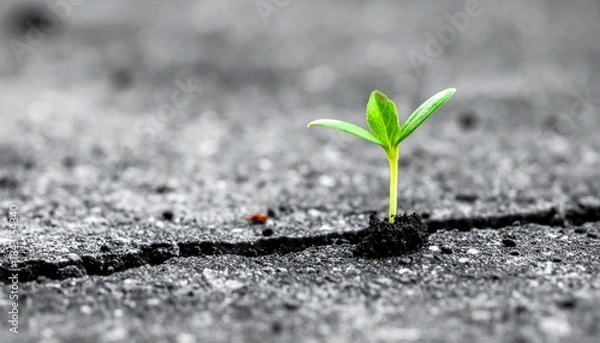 Obraz Tiny green seedling growing determinedly from a crack in rough asphalt or cement.