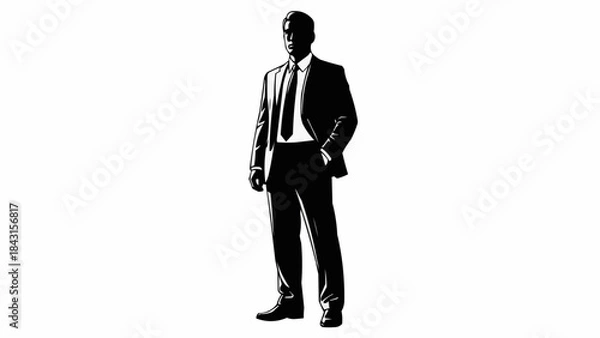 Fototapeta Silhouette of a confident businessman standing with hands in pockets.