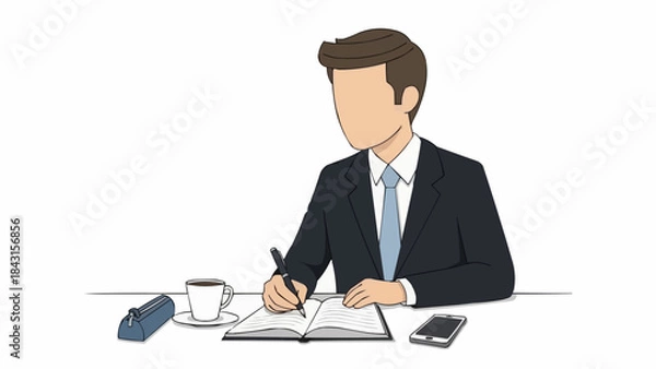 Fototapeta Man in Suit Writing in Notebook at Desk.