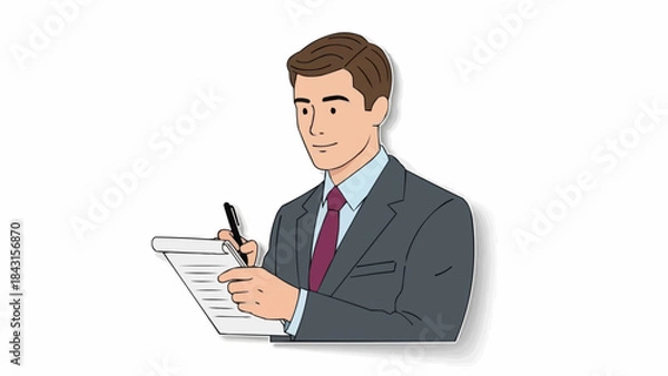 Fototapeta Man in Suit Writing on Notepad.
