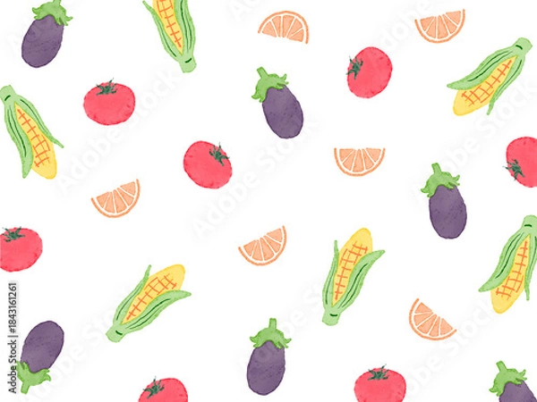 Obraz 白背景にカラフル手描き夏のイラストパターン。水彩のとうもろこしとトマトと茄子