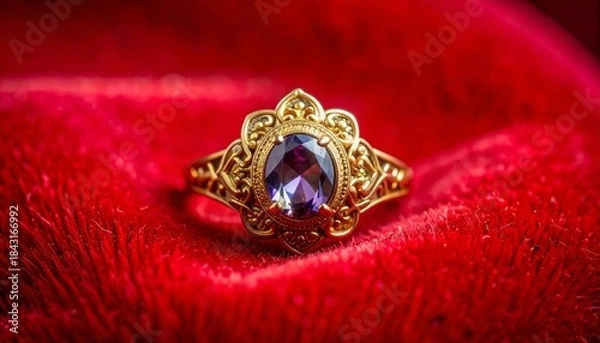 Obraz Oval emerald cut ruby ring set in gold, displayed on draped red silk fabric.