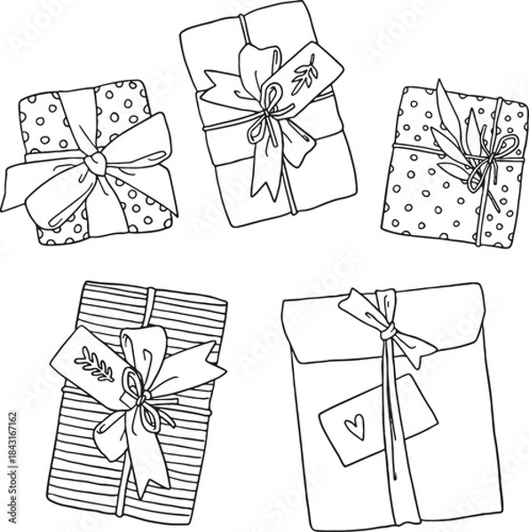 Fototapeta Set of various wrapped gifts and present boxes tied with ribbons, bows, and tags. Top view illustration perfect for holidays, celebrations, shopping, birthdays, Christmas, or surprise themes.
