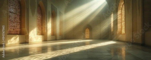 Fototapeta Light filtering through the mosques architecture, symbolizing the connection between faith and divine presence. A moment of prayer and reflection in a tranquil, spiritual space, Generative AI