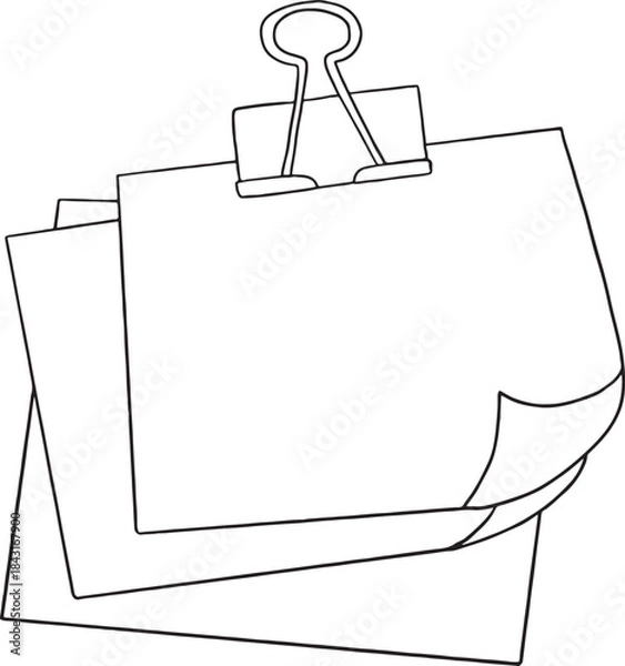 Fototapeta Blank paper stack or note sheets held together by a large black binder clip. Represents office work, memo, reminder, to-do list, organization, documents, or stationery template.