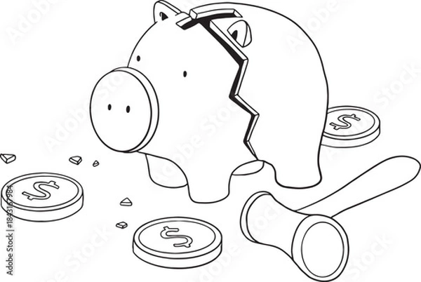Fototapeta Broken piggy bank lying on the floor with scattered dollar coins and a small wooden hammer. Concept of financial crisis, savings withdrawal, debt, bankruptcy, or failure of a bank deposit.
