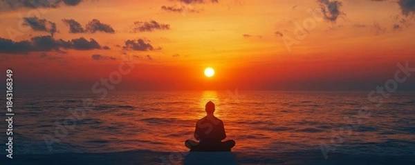 Fototapeta Spiritual journey symbolized by a silhouette of a Muslim man engaged in prayer at sunset. The peaceful, tranquil atmosphere of worship, reflecting gratitude and devotion, Generative AI