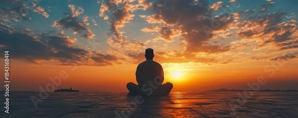 Fototapeta Spiritual journey symbolized by a silhouette of a Muslim man engaged in prayer at sunset. The peaceful, tranquil atmosphere of worship, reflecting gratitude and devotion, Generative AI
