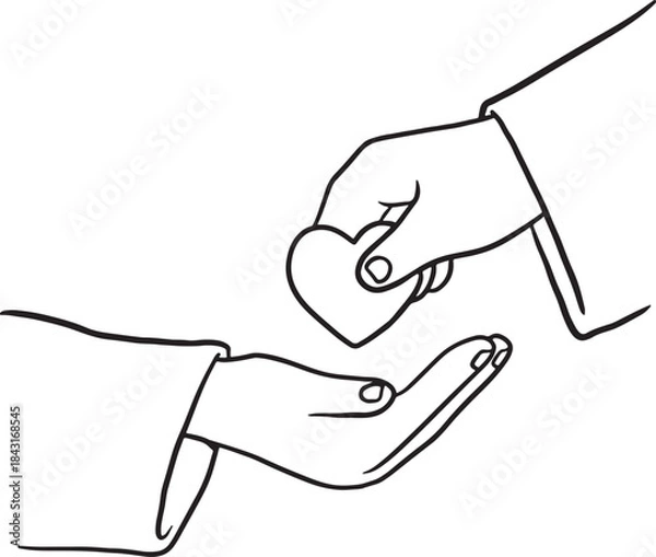 Fototapeta One hand gently giving a small heart shape to another open hand. Concept of donation, charity, love, care, generosity, or spiritual help. Hand-drawn line art illustration, ideal for medical.