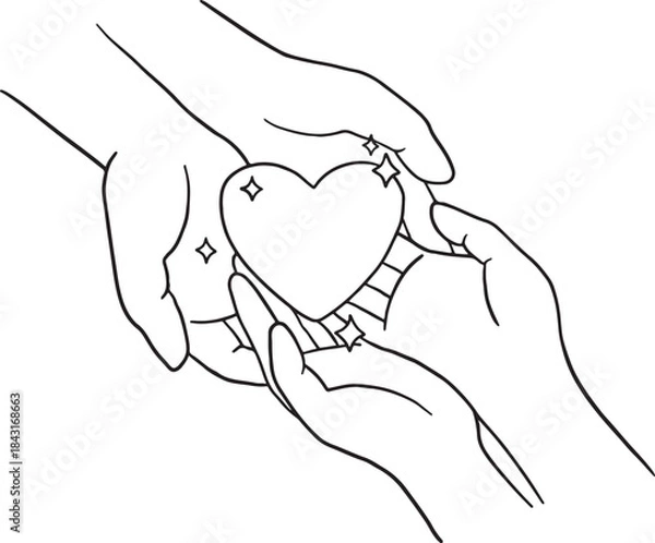 Fototapeta Line art vector illustration of two hands gently holding and protecting a shining, sparkling heart. Represents love, care, generosity, donation, giving, and sharing.