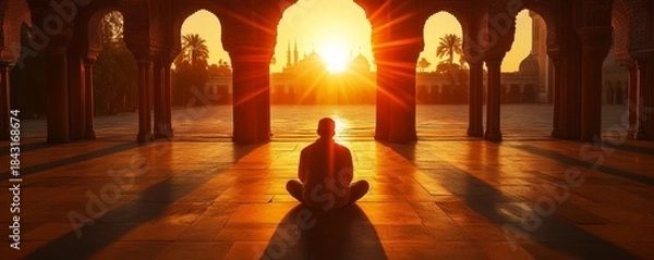 Fototapeta Mosque courtyard during sunset, with a man engaged in prayer and worship. A peaceful and serene environment symbolizing faith, spirituality, and devotion, Generative AI