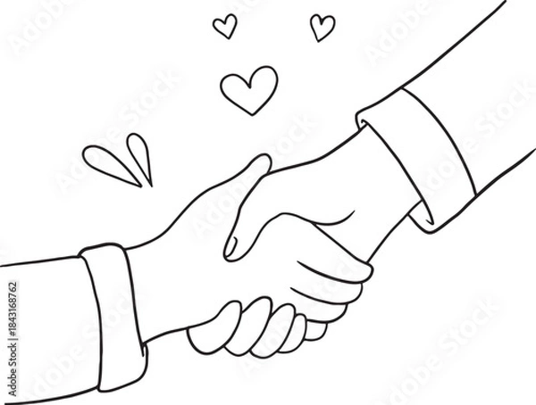 Fototapeta Friendly handshake between two people with heart symbols floating around them. Concept of a warm welcome, love, support, friendship, or greeting someone with affection.