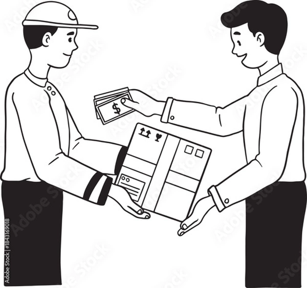 Fototapeta Delivery man receiving cash payment from a customer for a package. Concept of Cash on Delivery (COD), e-commerce, money transaction, or delivery service. Hand-drawn line art illustration for shipping.