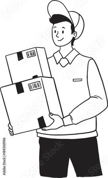 Fototapeta Delivery man or courier in a uniform cap holding two stacked cardboard boxes with shipping labels. Hand-drawn line art illustration representing fast shipment, logistics, e-commerce, or mail service. 