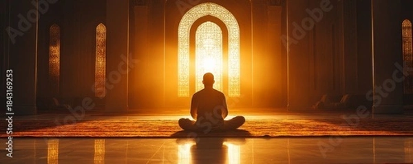 Fototapeta Light-filled silhouette of a man praying in a mosque, offering gratitude during Salah. A moment of calmness and spiritual reflection in a sacred place of worship, Generative AI
