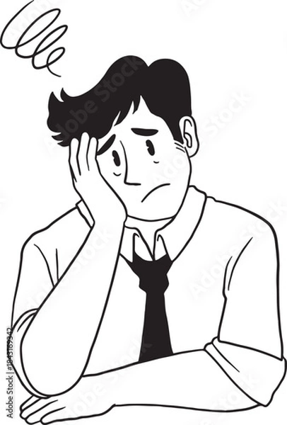Fototapeta Sad, depressed, or frustrated businessman sitting and holding his head, with a swirl symbol indicating confusion or mental exhaustion. Hand-drawn line art illustration for concepts of stress, burnout.