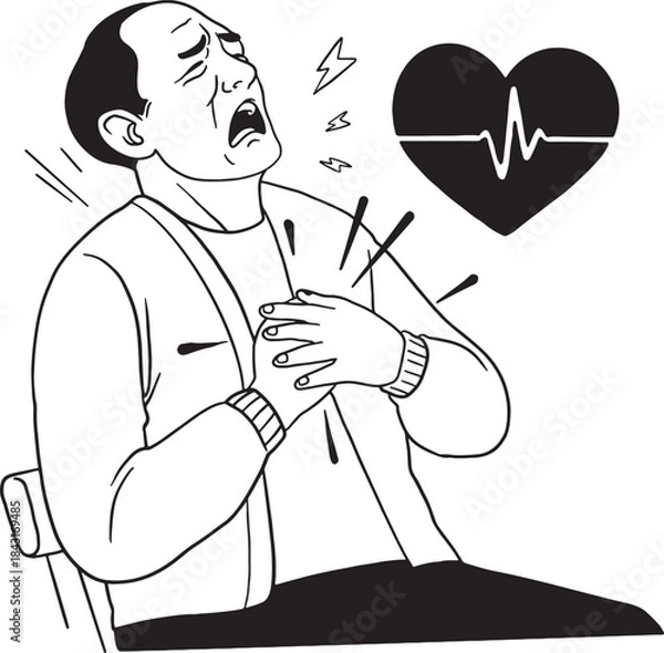 Fototapeta Middle-aged man sitting and experiencing intense chest pain, clutching his heart, with a heart and ECG heartbeat line symbol beside him. Hand-drawn line art illustration for health, medical.