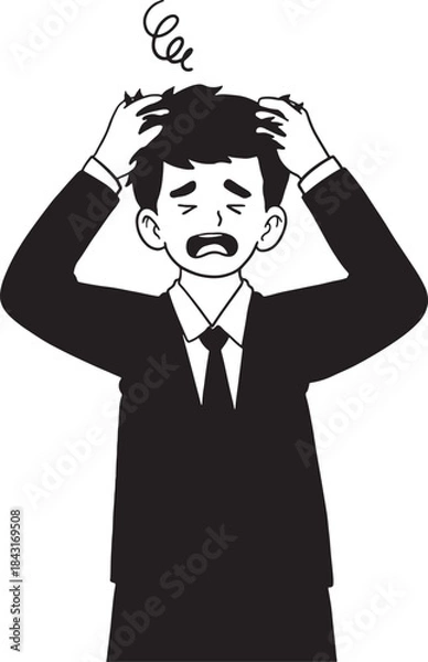 Fototapeta Shocked or stressed businessman in a suit clutching his head with both hands, with a swirl symbol indicating dizziness or confusion. Hand-drawn line art illustration for concepts of headache.