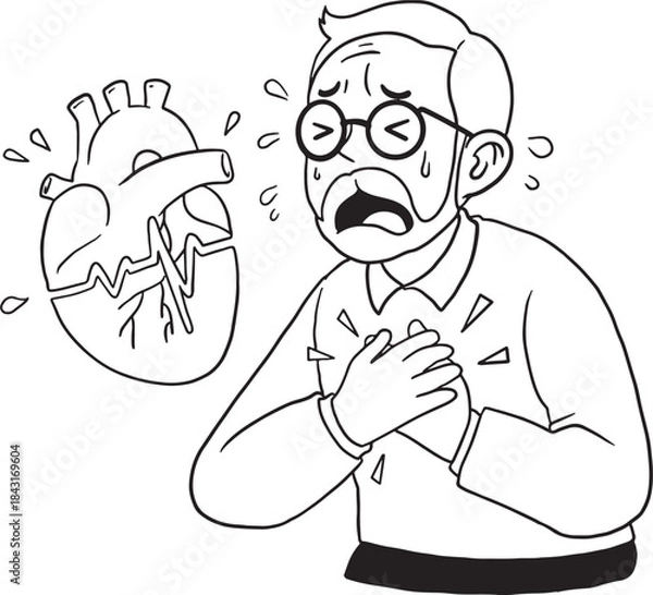 Fototapeta Middle-aged man experiencing severe chest pain and clutching his heart, with a cracked heart graphic symbol. Hand-drawn line art illustration for health, medical, or warning designs related to a heart
