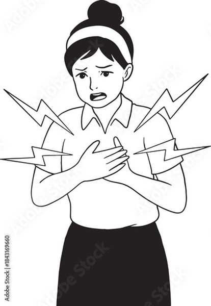 Fototapeta A woman experiencing severe chest pain, clutching her heart with a worried expression, symbolized by lightning bolts. Hand-drawn line art illustration for health, medical, or warning designs.