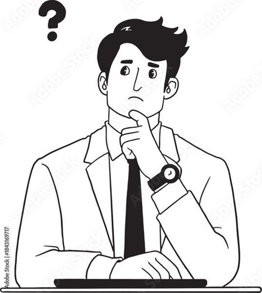 Fototapeta Confused businessman sitting and thinking deeply with a question mark above his head. Man in a suit wondering, analyzing, or seeking a solution to a problem. Hand-drawn line art illustration.